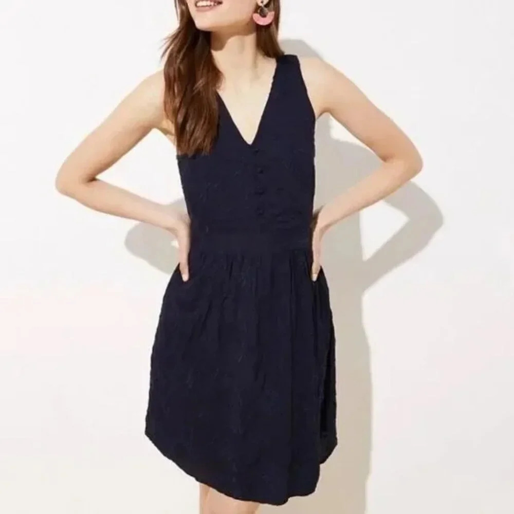 Loft Navy Floral Embroidered Sleeveless Dress Size 2 NWT